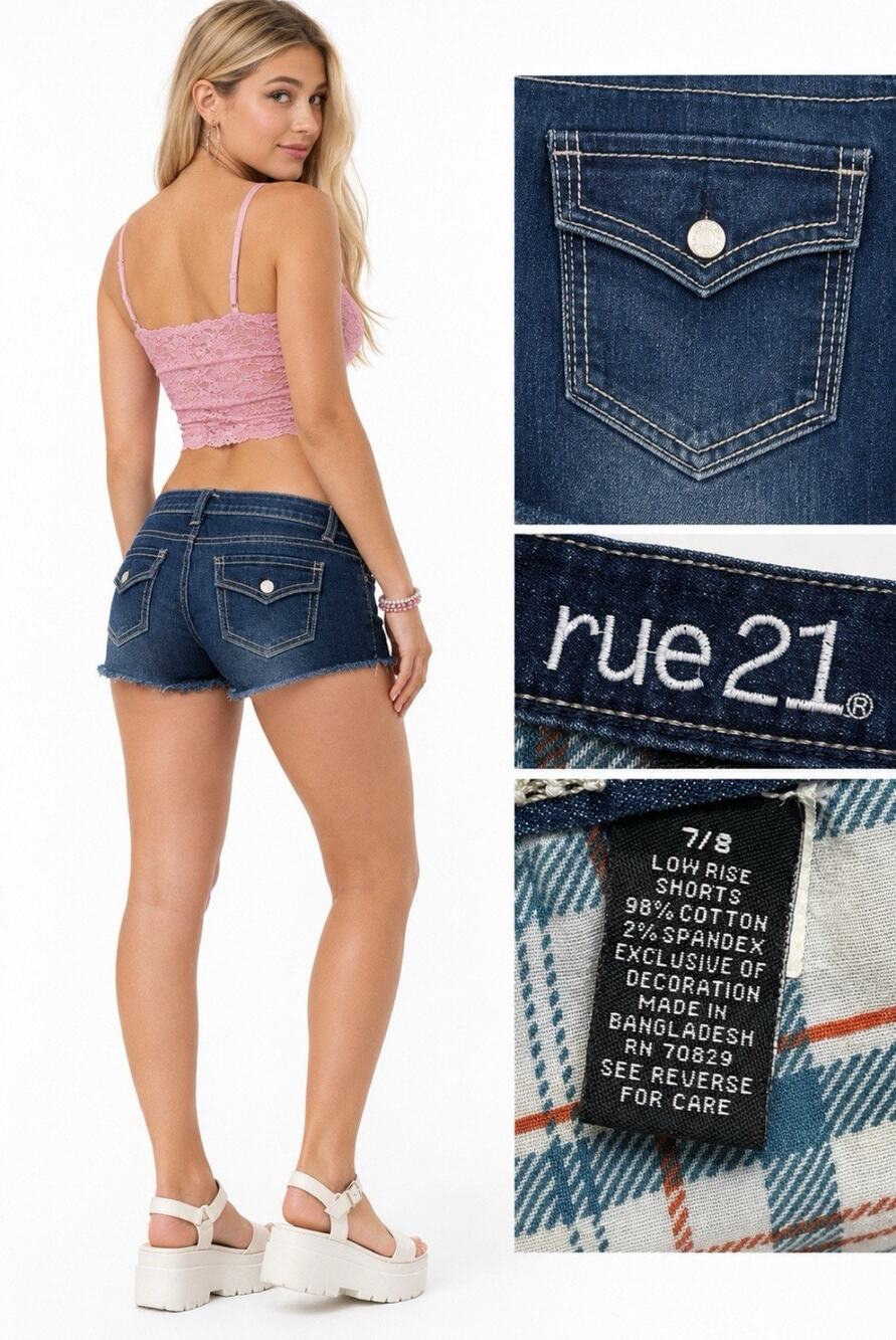 Y2K Indie Sleaze rue21 Low Rise Cutoff Micro Mini Denim Shorts 7/8 Medium Wash